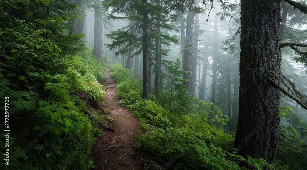 Fototapeta premium Misty mountain trail winding through lush green forest