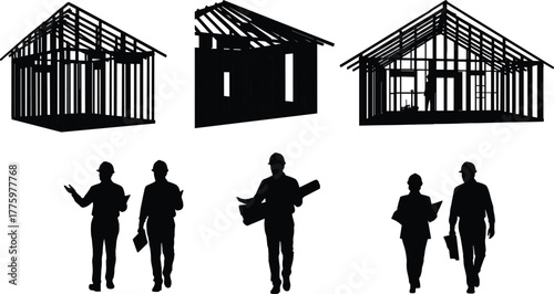 Silhouette of engineers and architects inspecting wooden house frame construction, teamwork planning and building structure development concept illustration on white background