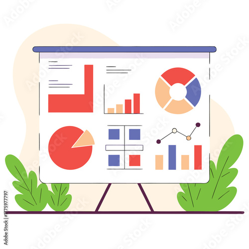 A presentation board hosts pie, bar, and line charts amid leafy plant accents with color blocks now