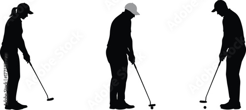 Silhouette of golfers preparing to hit ball with golf club, professional sport players practicing swing, outdoor recreation and leisure activity concept