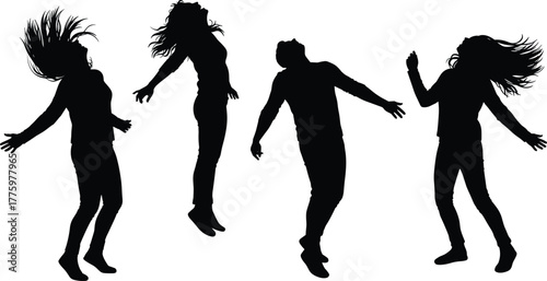 Silhouette of happy people jumping in joy, freedom, success, and celebration, concept of happiness, energy, motivation, and positive lifestyle.