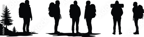 Silhouette of hikers with backpacks standing outdoors, adventure travel and mountain exploration, camping and trekking lifestyle, nature tourism and outdoor activity concept