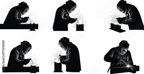 Silhouette of industrial welders working with sparks, welding metal structures, safety protection, engineering and fabrication process concept illustration on white background