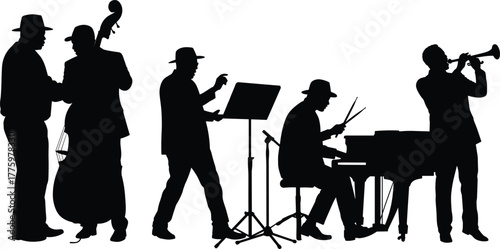 Silhouette of jazz band musicians performing with piano, trumpet, and double bass, live music concert and entertainment concept illustration