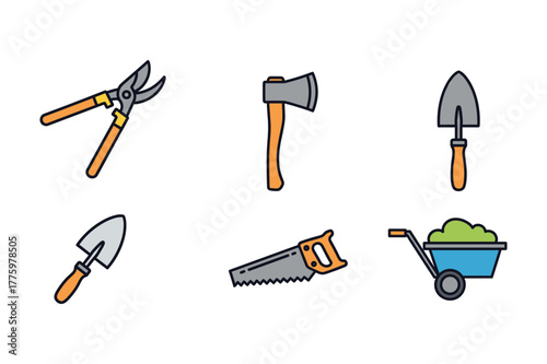 Collection of six colorful cartoon gardening tools and a wheelbarrow equipment illustration