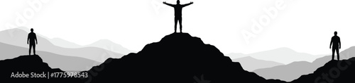 Silhouette of man standing on mountain peak with arms raised, symbolizing success, freedom, victory, confidence, leadership, and personal achievement in nature.