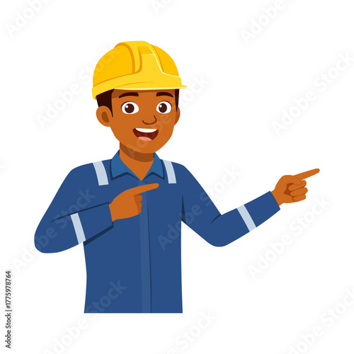 Smiling Black Engineer Man Wearing Hard Hat Pointing to The Right Side Illustration