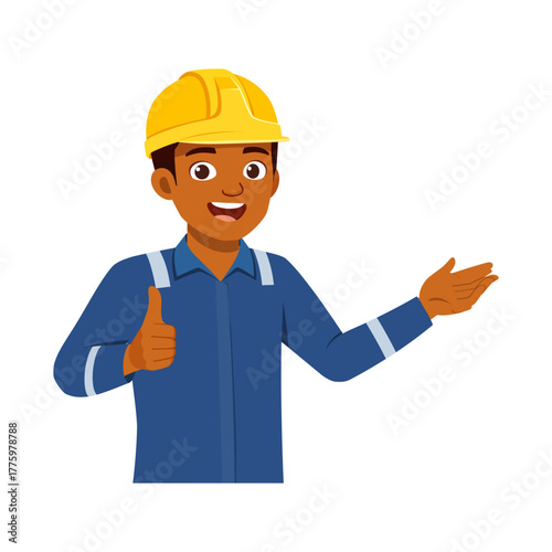African American Man Wearing Hard Hat Giving Thumbs Up and Presenting with Smile