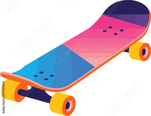 Colorful vector skateboard illustration with vibrant pink blue and orange gradient deck and yellow wheels