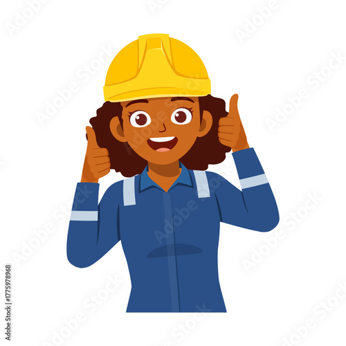 Happy African American Female Engineer Giving Thumbs Up Wearing Yellow Hard Hat and Blue Uniform