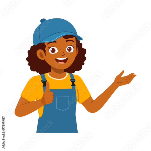 Smiling African American Woman Showing Thumbs Up and Pointing with Open Palm Wearing Overall