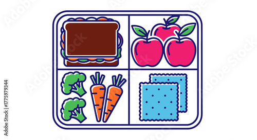 Healthy and balanced lunchbox filled with sandwich, fruits, vegetables, and crackers