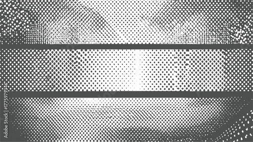 Black and white halftone pattern with horizontal bands and textured gradients abstract background