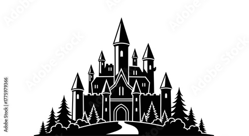 Mysterious dark castle silhouette against a white background, evoking fantasy and fairytales.