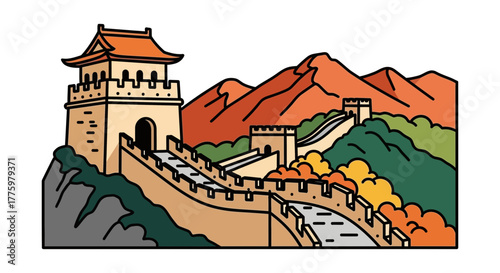 Iconic ancient fortress winding through mountainous landscape, a symbol of history and endurance.