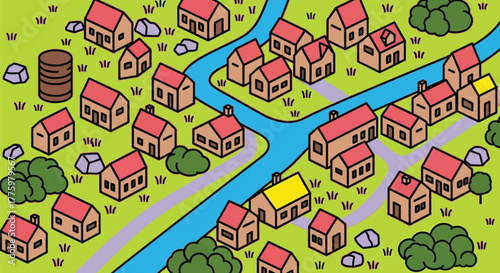 Isometric village illustration with river and houses top view art