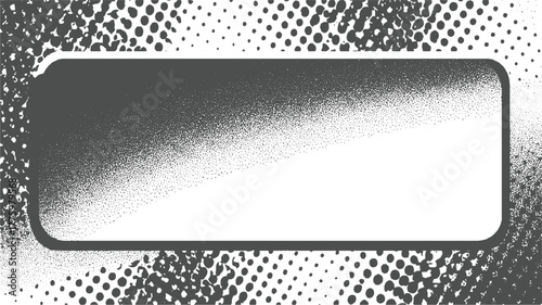 Dark gray rounded rectangle with stippled gradient texture on white background and scattered dots abstract
