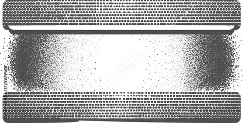 Dark gray dots forming horizontal bands and scattered particles on white background abstract black
