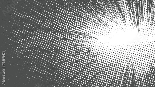 Gray and white halftone pattern with radial lines emanating from center abstract background