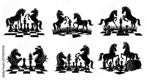 Set of Horse Chess Pieces Illustrations Playing Chess on Chessboard with Nature Elements