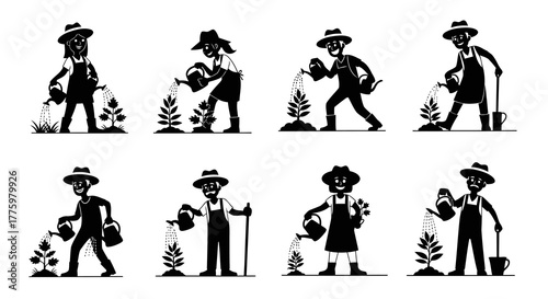 Eight farmers and gardeners watering plants, illustrating different styles and poses of cultivation