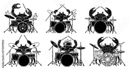 Crab Playing Drums Vector Set - Robot Drummer Animal Percussion Silhouettes Collection
