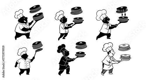 Chefs Flipping Pancakes Black White Collection Cooking Profession Illustrations