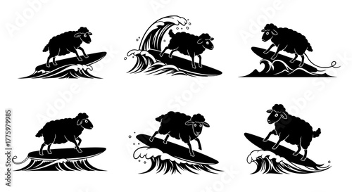 Black Sheep Surfing Vector Set - Funny Animal Ocean Wave Activity Silhouettes Collection