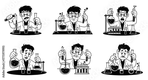Scientists Performing Chemistry Experiments Set Black White Comic Style