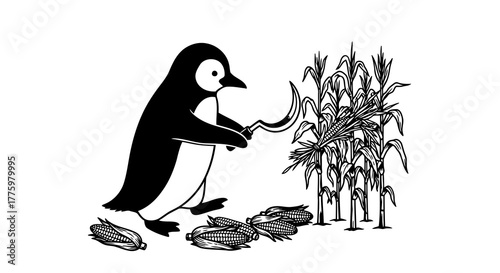 Penguin Harvesting Corn Crop Black White Cartoon Illustration