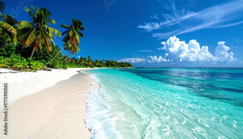 Fototapeta Naklejka Na Ścianę i Meble -  A tropical beach scene with turquoise water, white sand, palm trees, and a bright blue sky with scattered white clouds