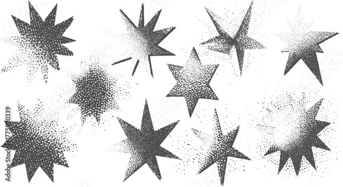 Collection of ten grey starburst shapes with stippled texture dispersing into dots dark