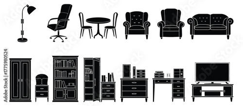 Furniture Silhouette Icons Set — Ideal for Interior Design Plans, Home Decor Illustrations, Furniture Catalogs, Digital Graphics, E-Commerce Websites, and Mobile App Interfaces