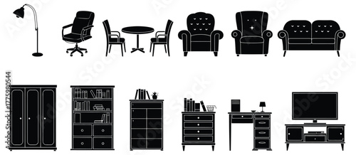 Furniture Silhouette Icons Set — Ideal for Interior Design Plans, Home Decor Illustrations, Furniture Catalogs, Digital Graphics, E-Commerce Websites, and Mobile App Interfaces