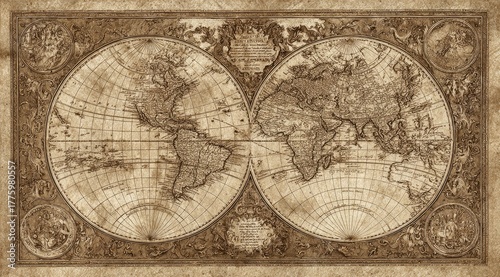 Double-hemisphere vintage world map