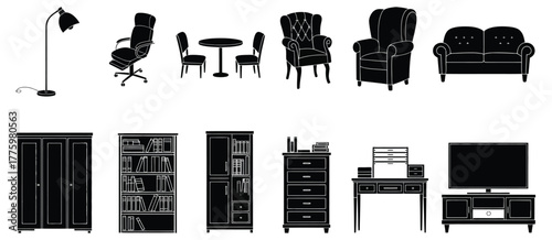 Furniture Silhouette Icons Set — Ideal for Interior Design Plans, Home Decor Illustrations, Furniture Catalogs, Digital Graphics, E-Commerce Websites, and Mobile App Interfaces