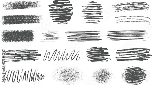 Collection of dark grey grunge brush stroke textures and scribbles on white background vector