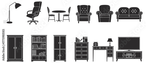 Furniture Silhouette Icons Set — Ideal for Interior Design Plans, Home Decor Illustrations, Furniture Catalogs, Digital Graphics, E-Commerce Websites, and Mobile App Interfaces