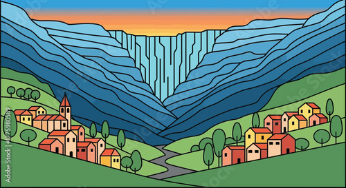 Colorful landscape illustration of village waterfall and mountains