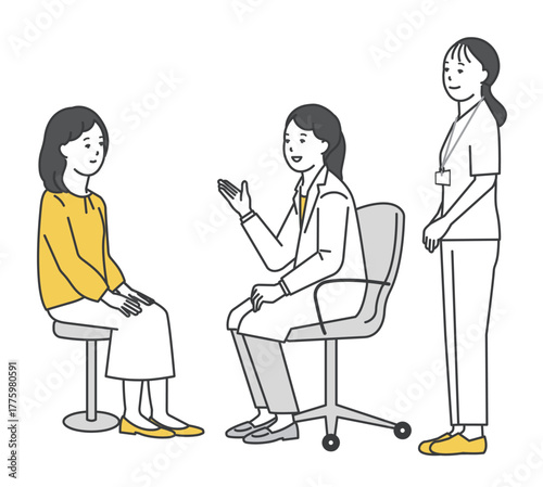 患者を診察する医者と看護師のシンプルイラスト素材