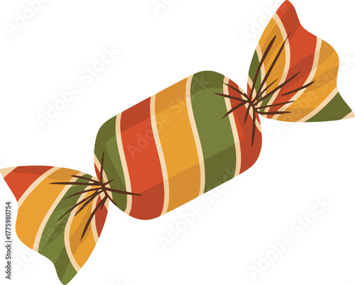 Retro wrapped candy vector graphic featuring a striped autumnal wrapper in red orange and green