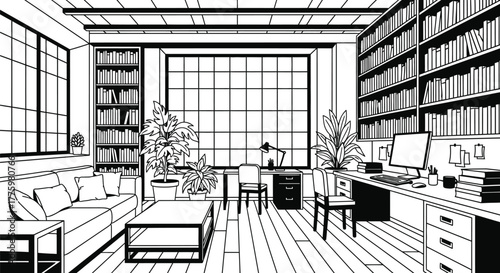 Black and white home office interior design with books and plants