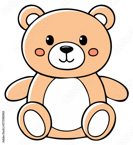 Cute cartoon teddy bear illustration with outline and blush cheeks sitting