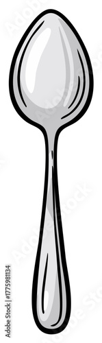 Hand drawn cartoon illustration of a single shiny silver kitchen spoon