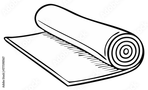 Rolled yoga mat and part of unfurled exercise mat simple outline drawing