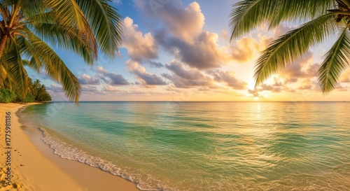 Fototapeta Naklejka Na Ścianę i Meble -  Tropical beach scene palm trees, turquoise water, gentle waves, & sunset