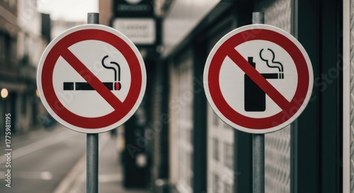 Two signs, no smoking and no vaping, on a city street