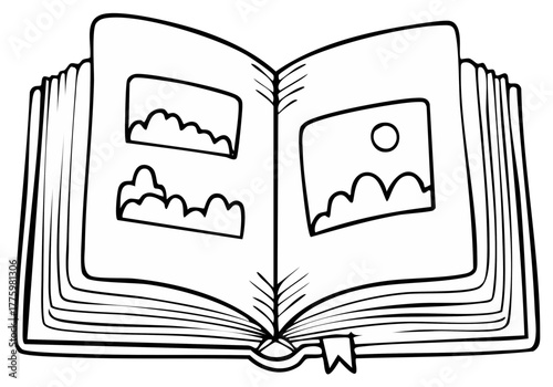 Open book with photo album pages and cloudy sky scenes