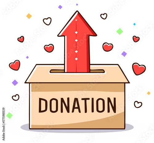 Donation box illustration with red arrow pointing upwards and heart icons around it for charity or funding