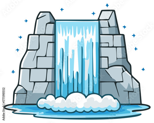 Stylized cartoon waterfall cascading over rocks with sparkling water and splashes